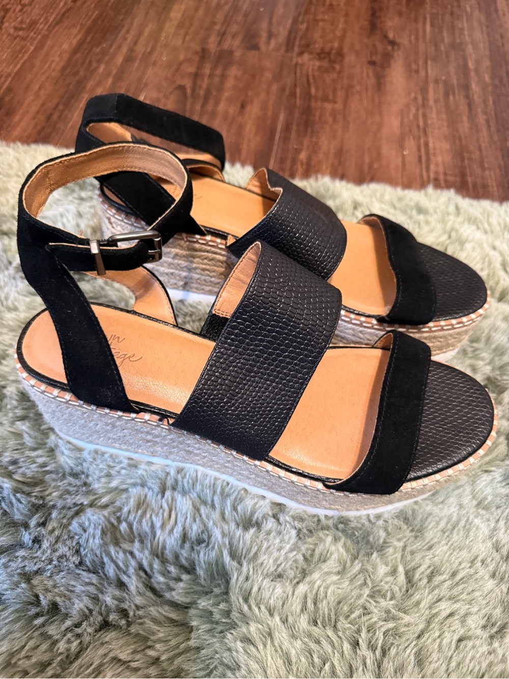 Crown Vintage Black Two-Strap Wedge Espadrilles